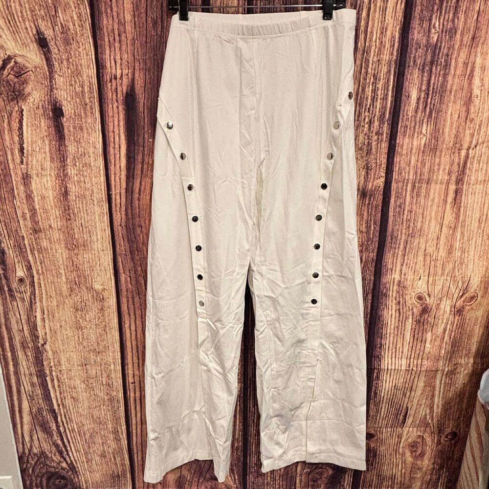 PINSV White Wide Leg Tearaway Pants Elastic Waist Side Snap Button Trousers 2XL